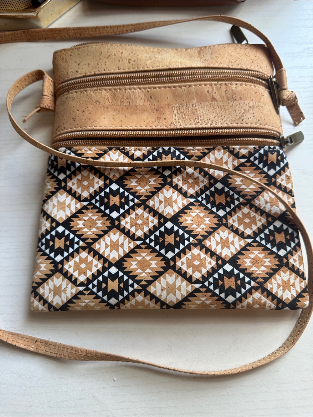 Cork Crossbody Bag with Tan & Black Geometric Print